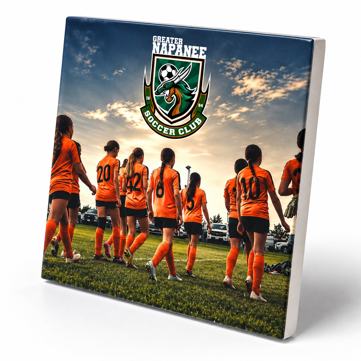 Greater Napanee Soccer Club ceramic Player Tile featuring a goalkeeper taking a kick